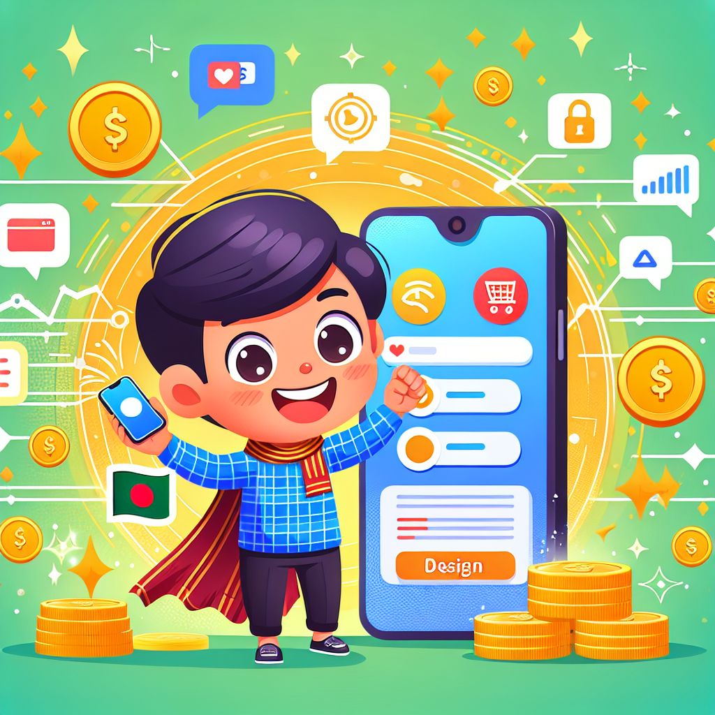 Cartoon character in Bangladesh using a mobile app with coins and rewards around
