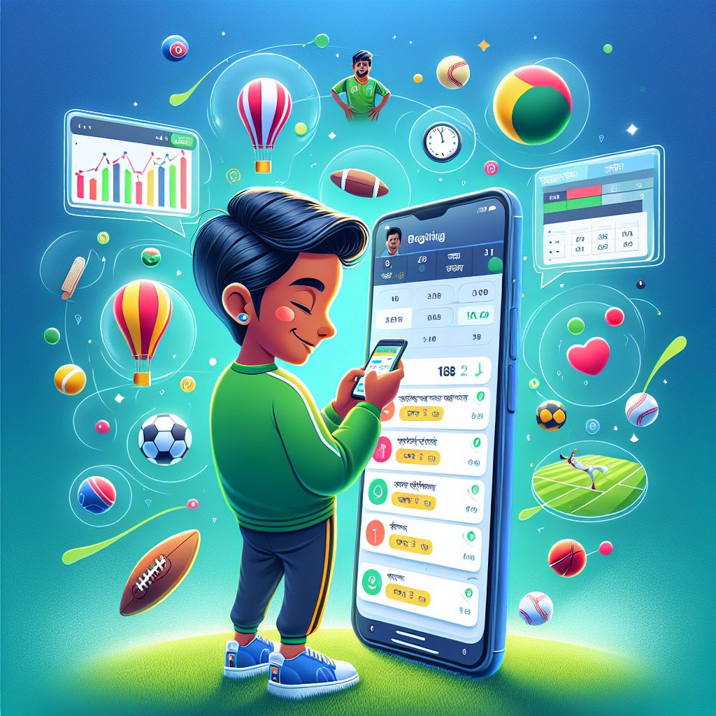 Cartoon Bangladeshi bettor using a mobile app to place bets with charts and odds around