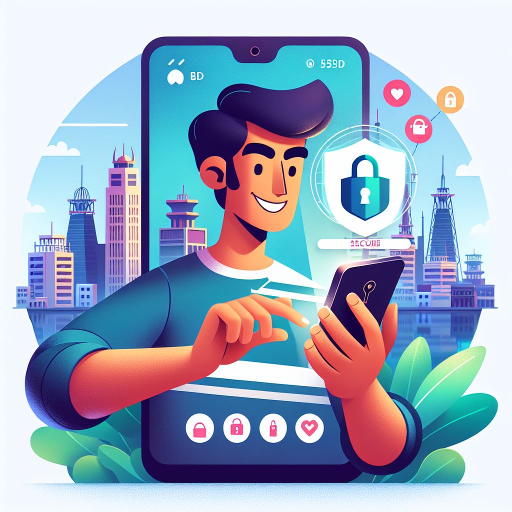 Cartoon character securely logging into the 555BD app on a smartphone with locks and shields around